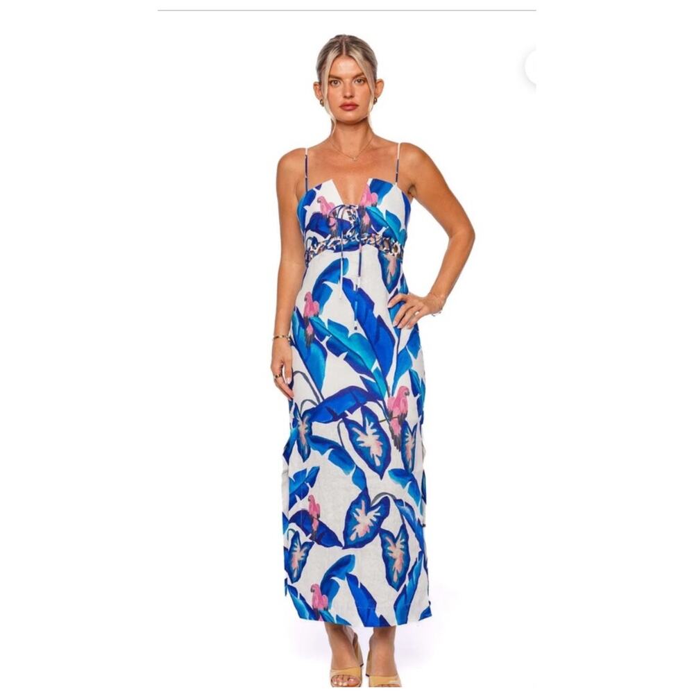 Farm Rio Blue Foliage Linen Laced Front Maxi Dress White Blue XL